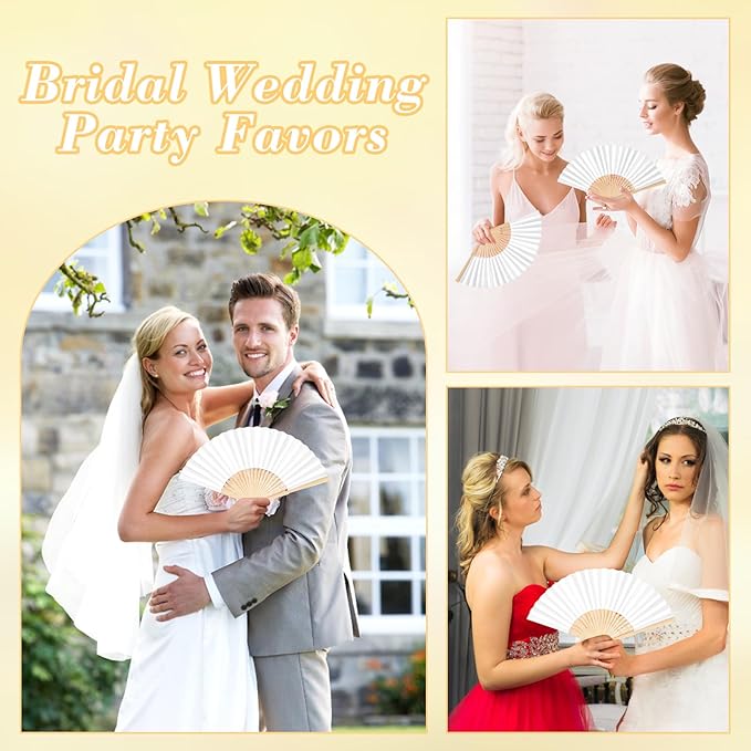 50Set Wedding Hand Fans Party Favors White Paper Folding Handheld Fans Bulk, DIY Bamboo Fans with Thank Tag Organza Bag for Guests Bridal Dancing Props Church Decoation