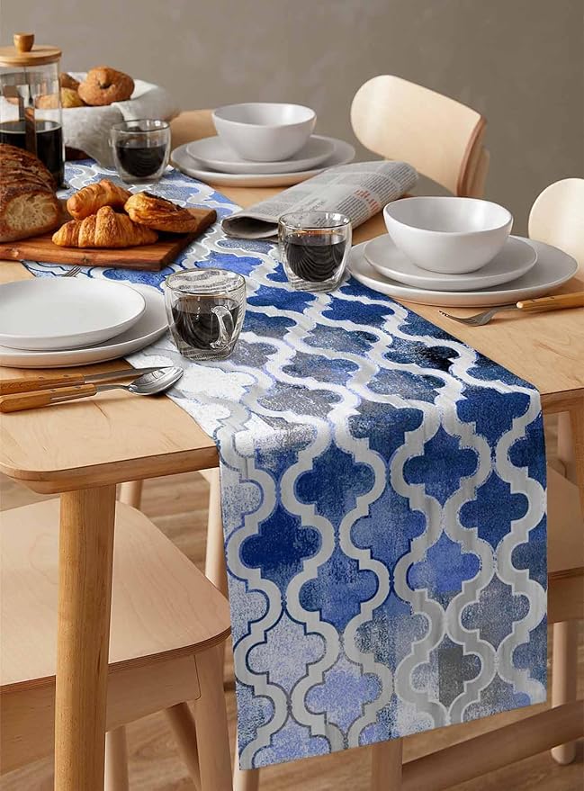 Blue Morocco Plaid Cotton Linen Table Runner for Dining Kitchen, Wedding Outdoor Party Tablerunners Decoration, Distressed Abstract Painted Vintage Dresser Scarf Coffee Tablecloth Runners 13x90 Inches