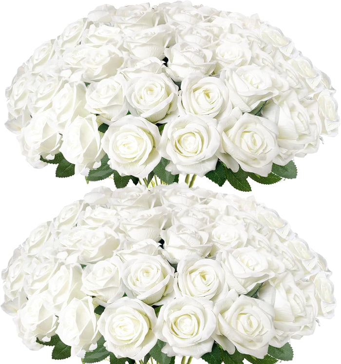 50Pcs White Roses Artificial Flowers with Stems for Home Decor