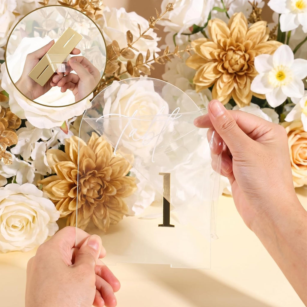 Arch Wedding Table Numbers 1-20 w/Stand, Gold 3D Table Numbers for Reception - 5.5" X 7" Elegant Acrylic Arch Sign with Holder, Perfect for Wedding, Anniversary, Banquet, and Event Decor