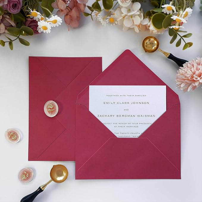 50 Pack 5x7 Envelopes Letter Size, Red A7 Envelopes Self Seal for Wedding Invitation, Envelope 5.4x7.6 for Greeting Cards, Photos, Baby Shower, Graduation, Thank You Cards, Announcements