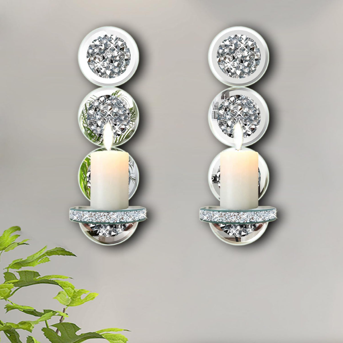 ZOLAPI Set of 2 Crystal Crush Diamond Candle Sconces, Gorgeous Silver Mirrore...