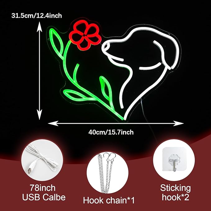 Cute Dog Neon Sign LED Flower Neon Light Suitable for Wall Decor Powered by USB Dimmable Love Dog Light Up Sign for Pet Shop Flower Shop Bedroom Gifts For Lover(15.7 * 12.4In)