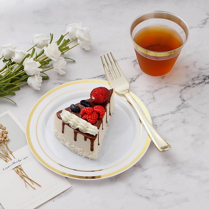 BESTVIP 300PCS Plastic Dinnerware Set (50 Guests), Gold Disposable Plates for Party, Wedding, Christmas, Anniversary, Includes: Dinner Plates, Dessert Plates, Cups, Spoons, Forks and Knives