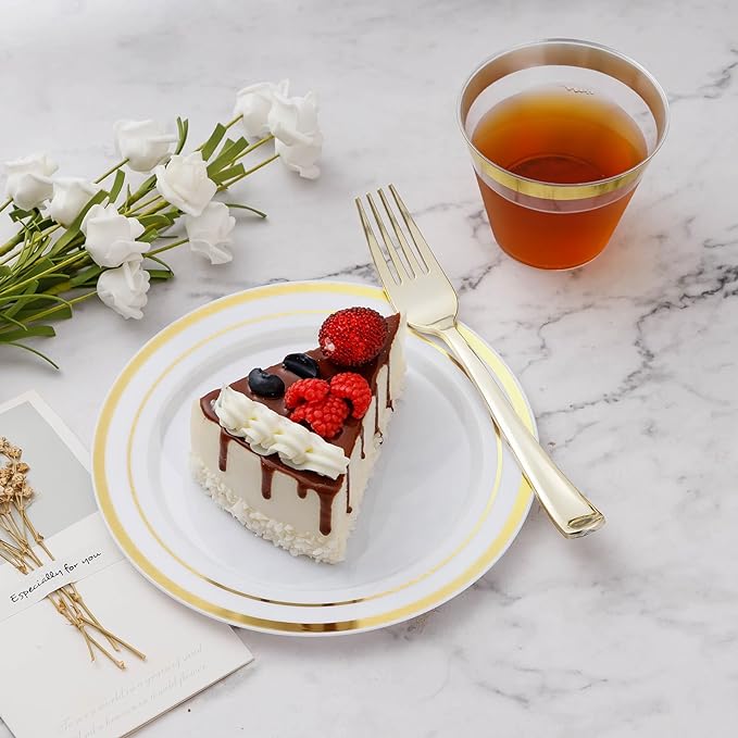 BESTVIP 150PCS Plastic Dinnerware Set (25 Guests), Gold Disposable Plates for Party, Wedding, Christmas, Anniversary, Includes: Dinner Plates, Dessert Plates, Cups, Spoons, Forks and Knives