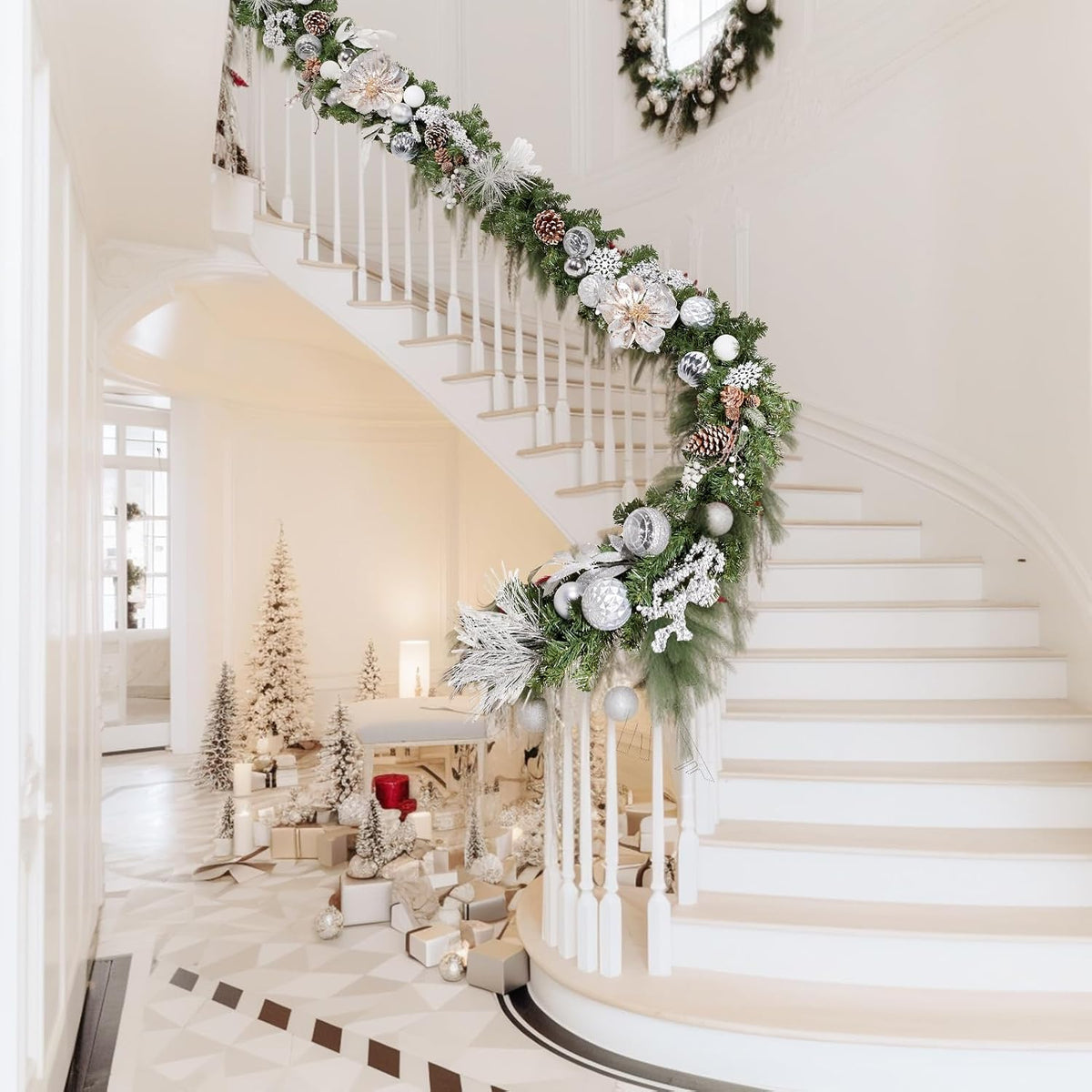 wbhome pre-lit 6 feet/72 inch christmas garland, white, front angle view