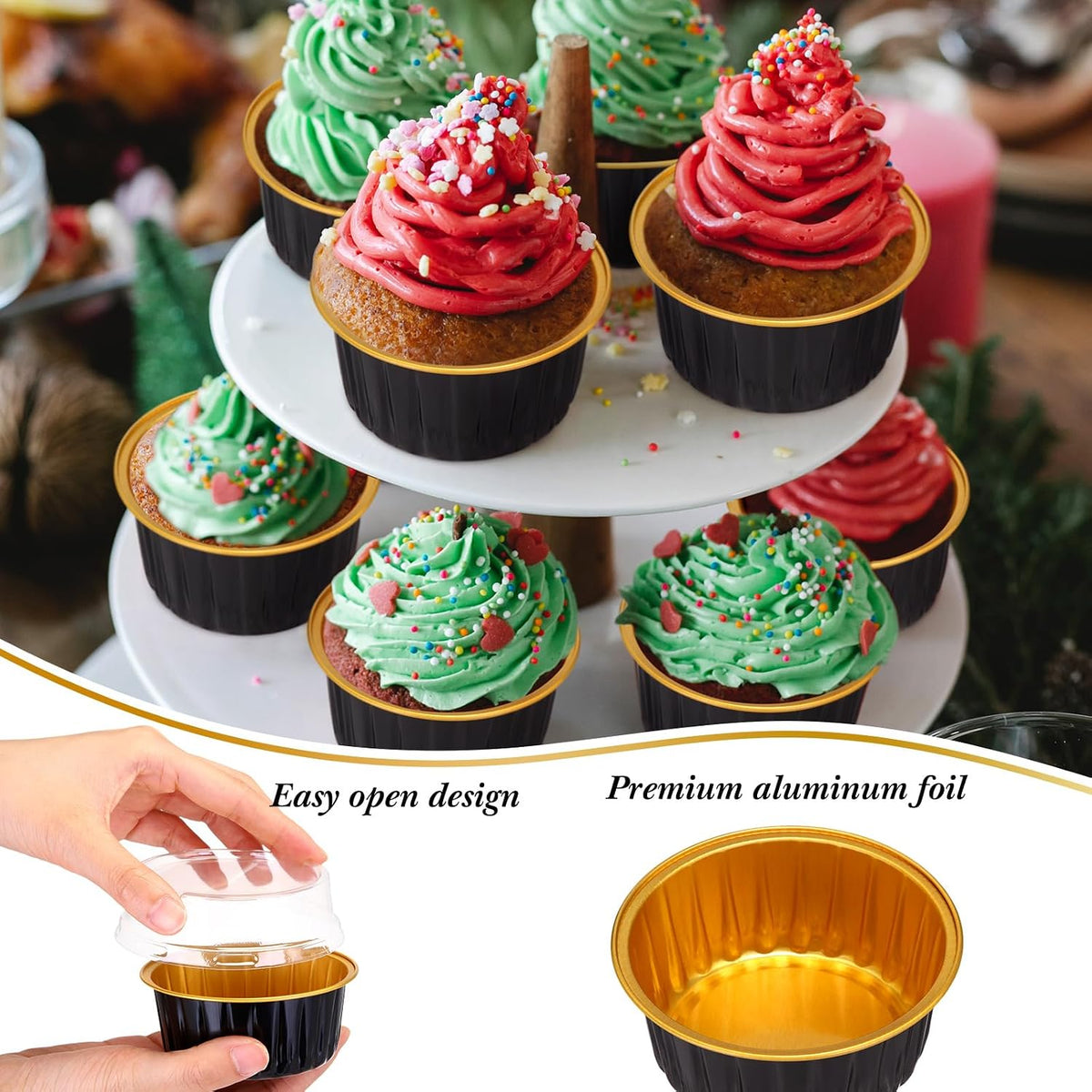 Gejoy 400 Pcs Aluminum Foil Baking Cups with Lids, Classic, Black, Gold