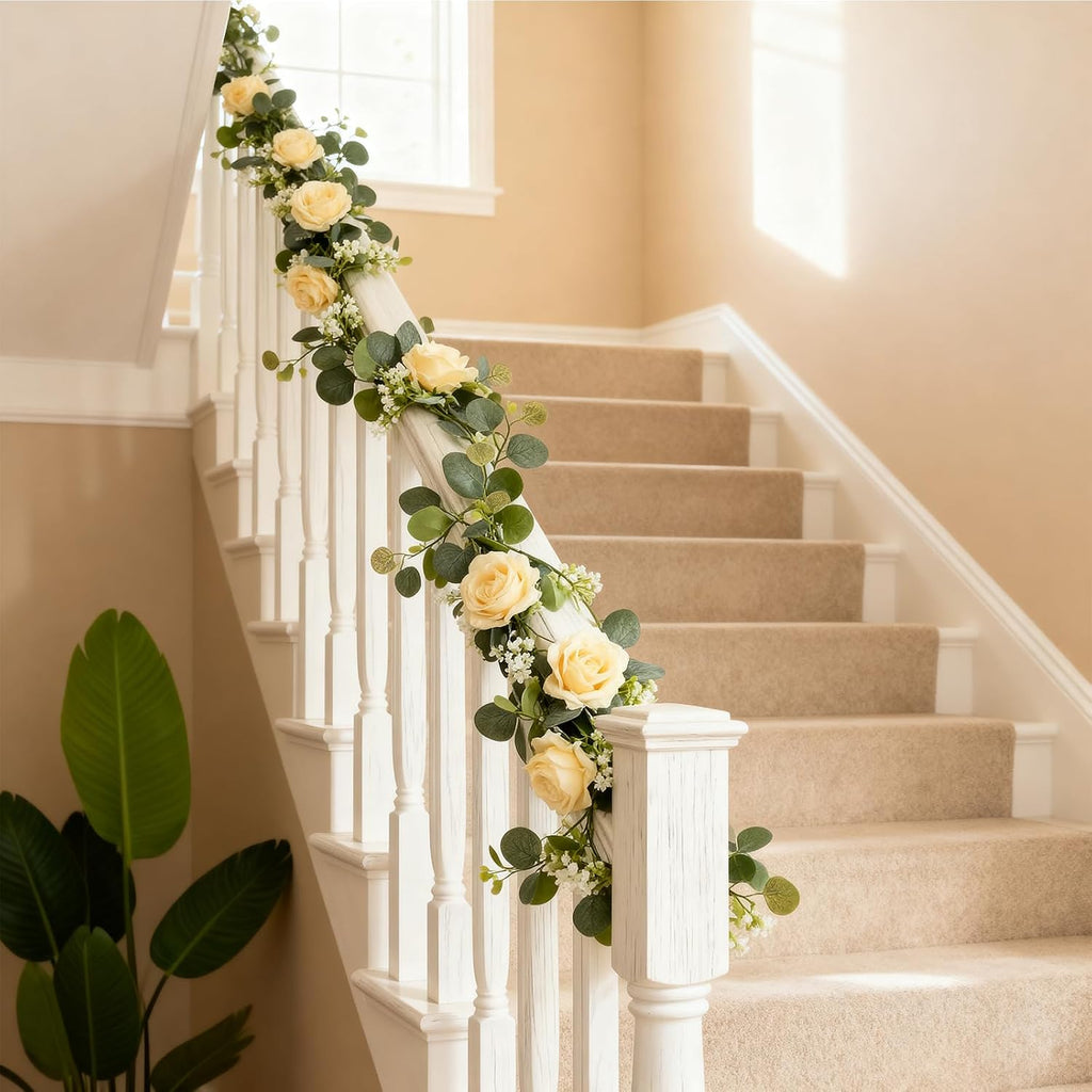 5.9 ft artificial flower garland with lights, fake on a desk or shelf