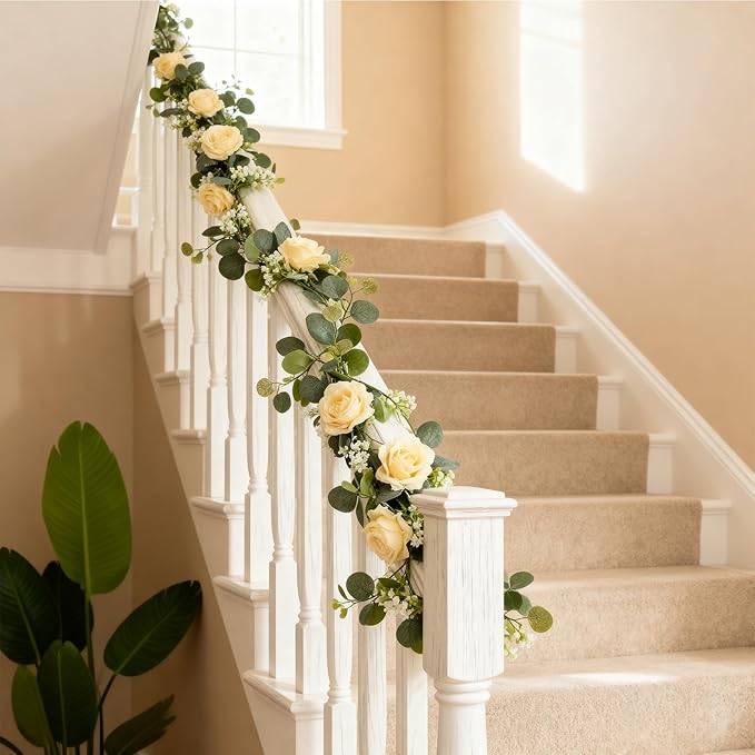 2 Pack 5.9 FT Artificial Flower Garland with Lights, Fake Floral Garland with 12 Roses, White Flower Decorations for Arch Table Centerpieces Backdrop Party Home Wedding Decorations