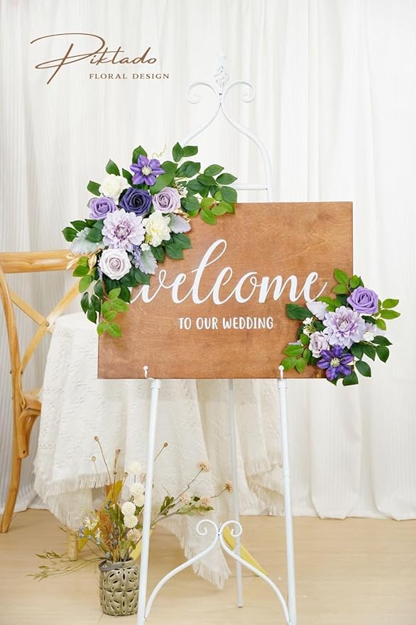 Wedding decor (pack of 2) Welcome Sign Flower Backdrop Garland For Ceremony Reception Wall Easel Home Decoration Entryway Faux Outdoor Board Head Table Decor (Lilic & Cream)