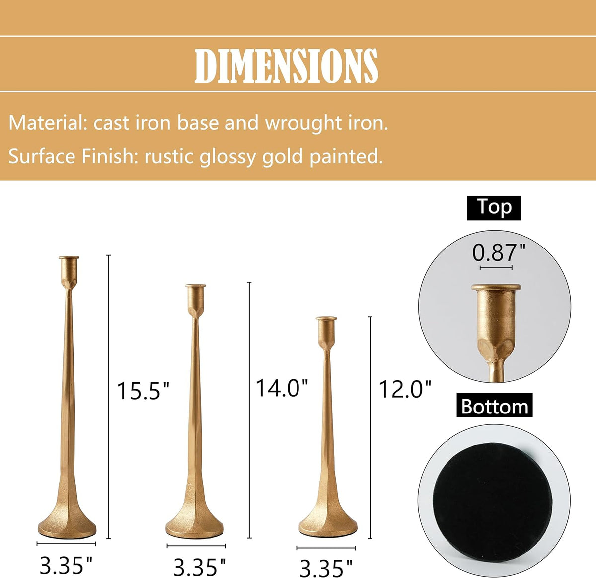 Denique Iron Taper Candle Holder Set of 3, Gold Candlestick Holders Decorativ...