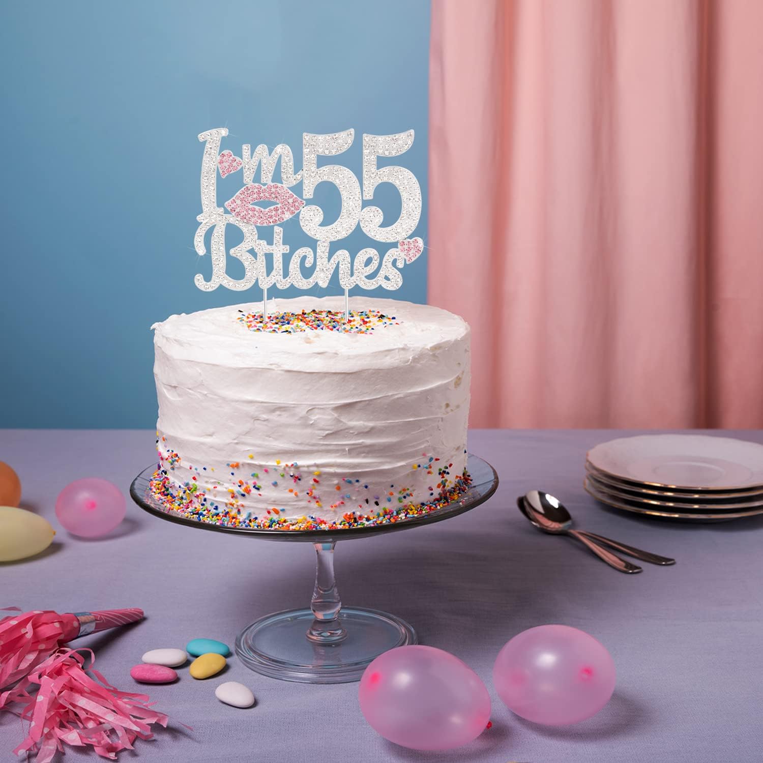I'm 55th Funny Birthday Pink Rhinestone Cake Topper - Happy 55th Birthday Cheers to 55 Years Old Bday Party Metal Sparkly Food Centerpieces Topper Decorations Sign.