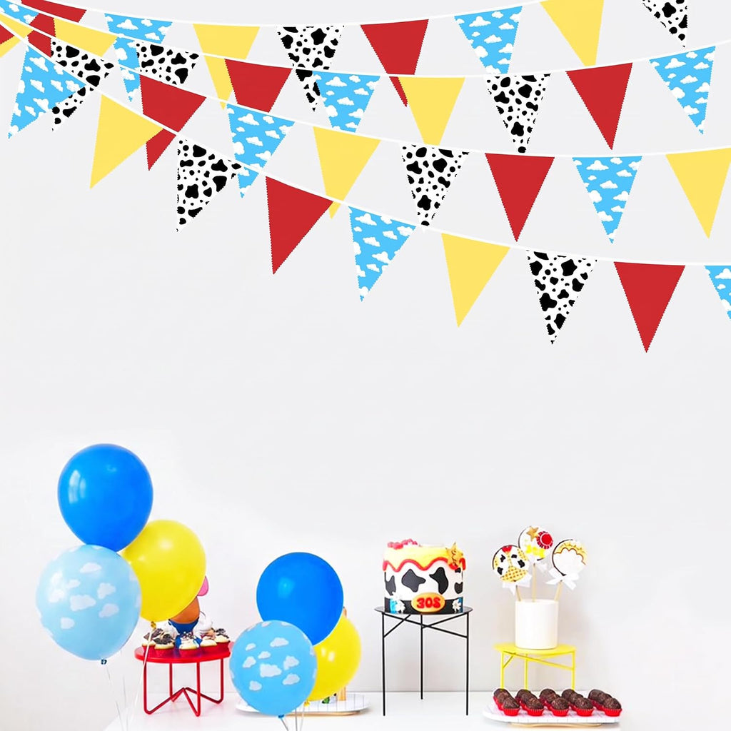 32Ft Cartoon Story Party Decorations Red Blue Yellow Toy Themed Story Fabric Banner Cloud and Cow Print Triangle Pennant Flag Garland Streamers for Birthday Outdoor Garden Decor Supplies