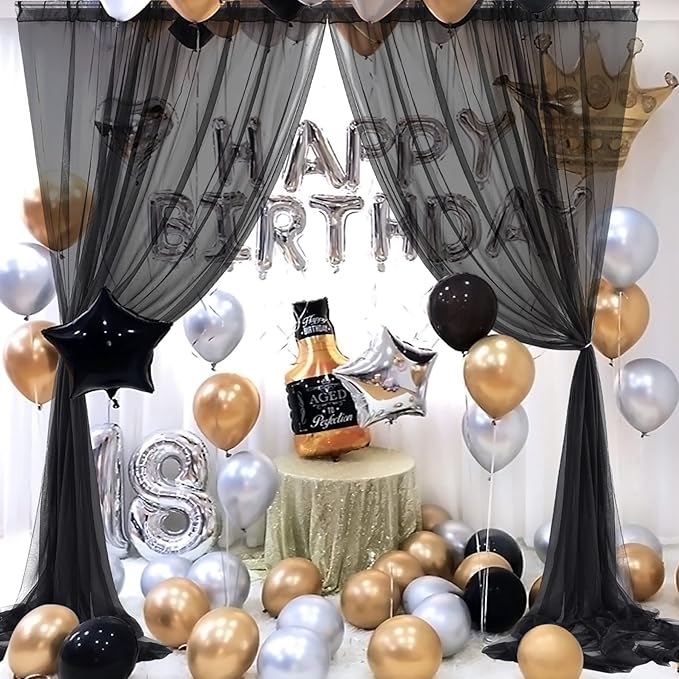 10ft X 10ft Black Sheer Backdrop Curtain for Parties, Tulle Sheer Fabric Backdrop Curtain Drapes for Baby Shower Birthday Party Photo Shoot Halloween Decorations