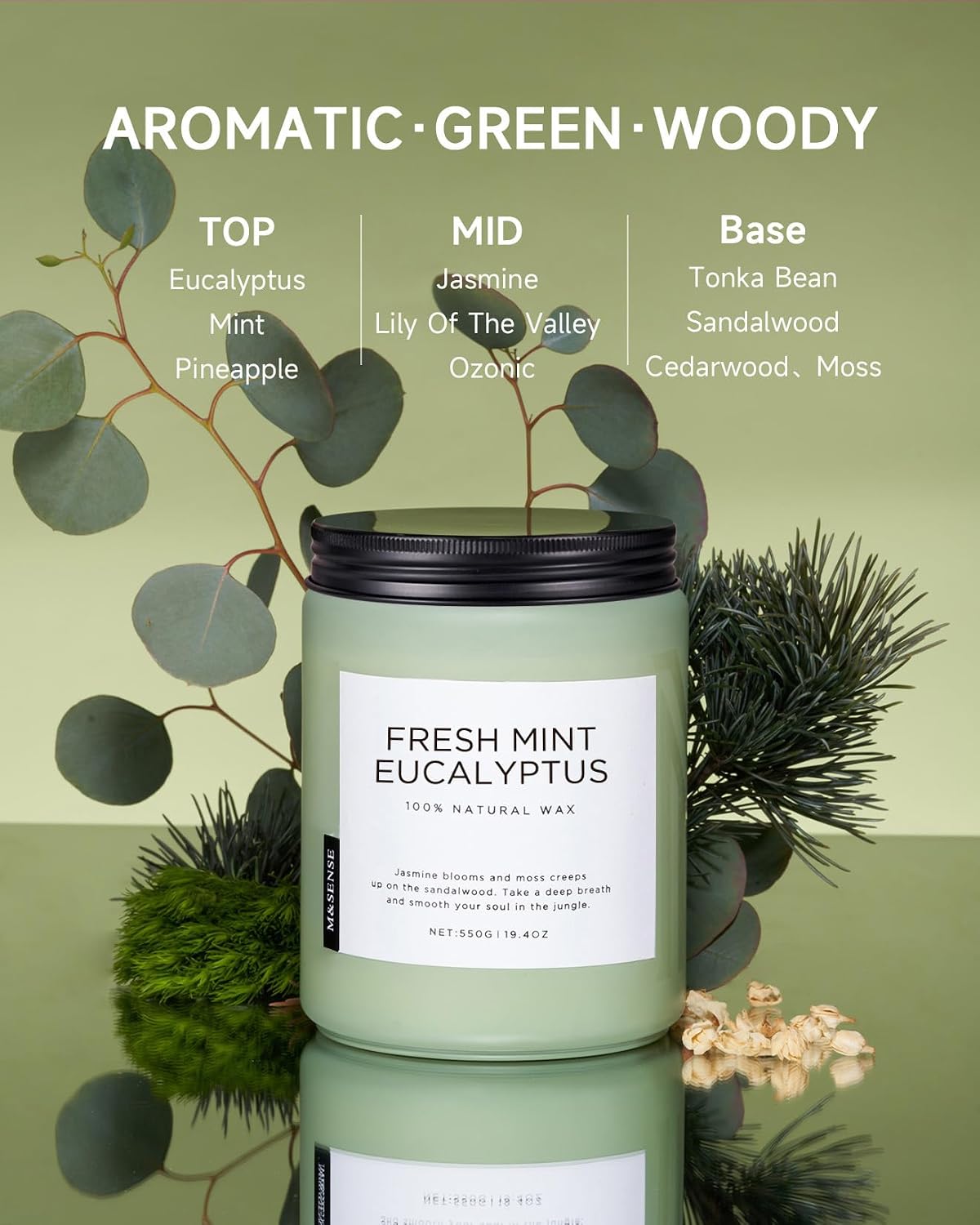 M&SENSE Eucalyptus & Mint Scented Jar Candle, Large 19.4oz Natural Soy Wax, 110-Hour Long Lasting Non-Toxic Clean Burning, Fresh Smelling Home Aromatherapy for Spa Stress Relief, Gifts for Men Women