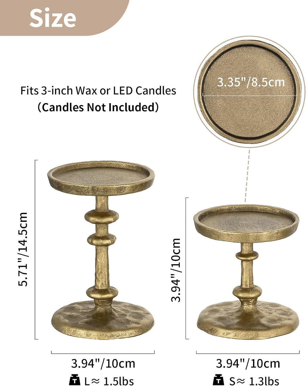 NUPTIO Gold Candle Holders for Pillar: Antique Brass Cast Iron Candleholder for 3 Inch Pillars -Heavy Metal Candle Stand for Christmas Party Table Decor