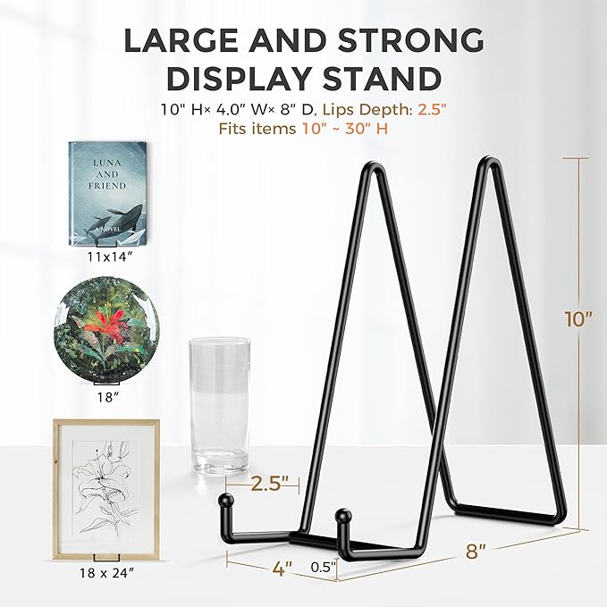 TR-LIFE 10 Inch Large Plate Stands for Display - Metal Plate Holder Display Stand + Picture Frame Holder Stand + Small Easels for Decorative Platter, Book, Plaques, Photo, Tabletop Art (2 Pack)