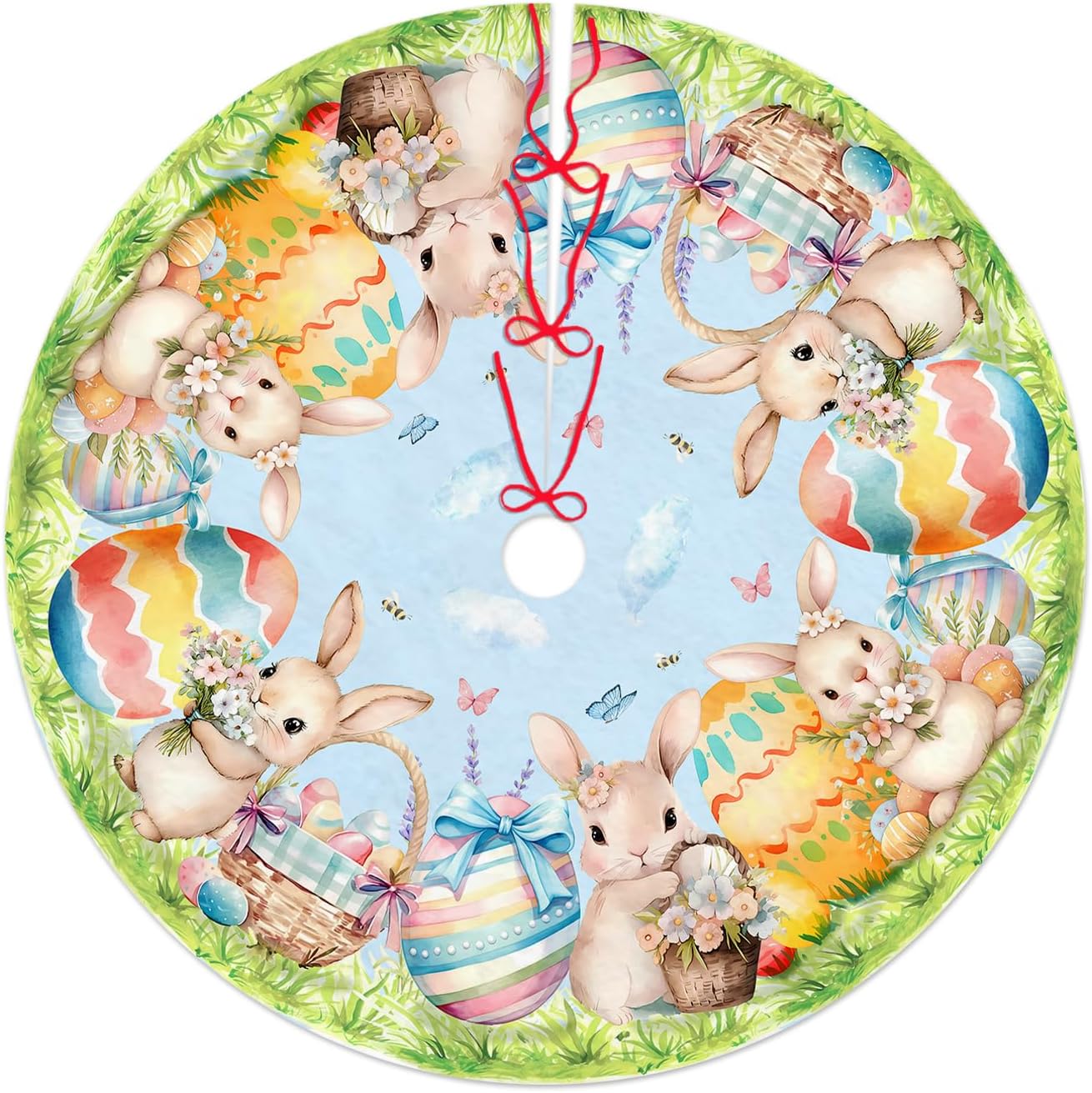 Easter Bunny Eggs Tree Skirt 36 Inch Rabbit Christmas Tree Skirt Xmas Ornaments for Holiday Party Decorations Indoor Outdoor