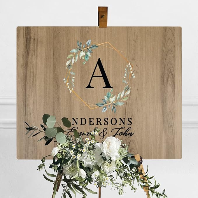 Andaz Press Large Wooden Welcome Sign for Wedding Rustic Welcome Sign 16" x 20" Custom Names & Date Geometric Greenery Fall Wedding Signage English Oak MDF Wood Finish Reception Indoor Outdoor Sign