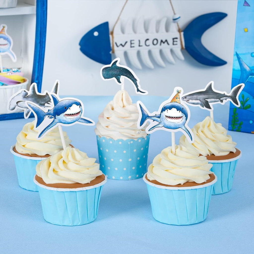 WERNNSAI 36 PCS Shark Cupcake Toppers - Shark Cake Toppers Ocean Birthday Party Decorations Summer Cake Toppers Under The Sea Cake Decors for Kids Ocean Baby Shower Party Supplies