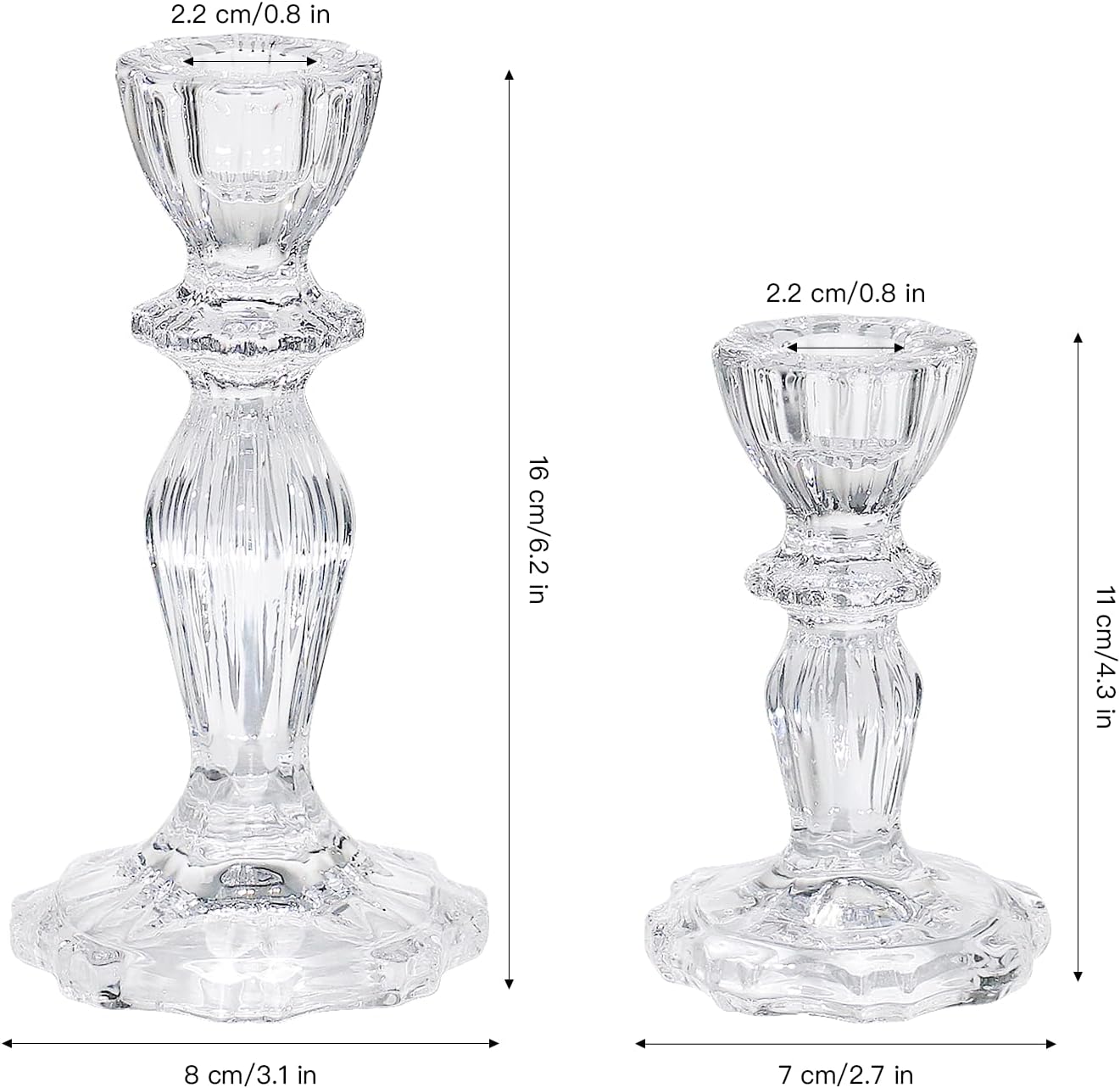 Glass Candlestick Holders Set of 6, Clear Stripe Taper Candle Holders for Table Centerpiece, Home Decorations, Wedding and Party