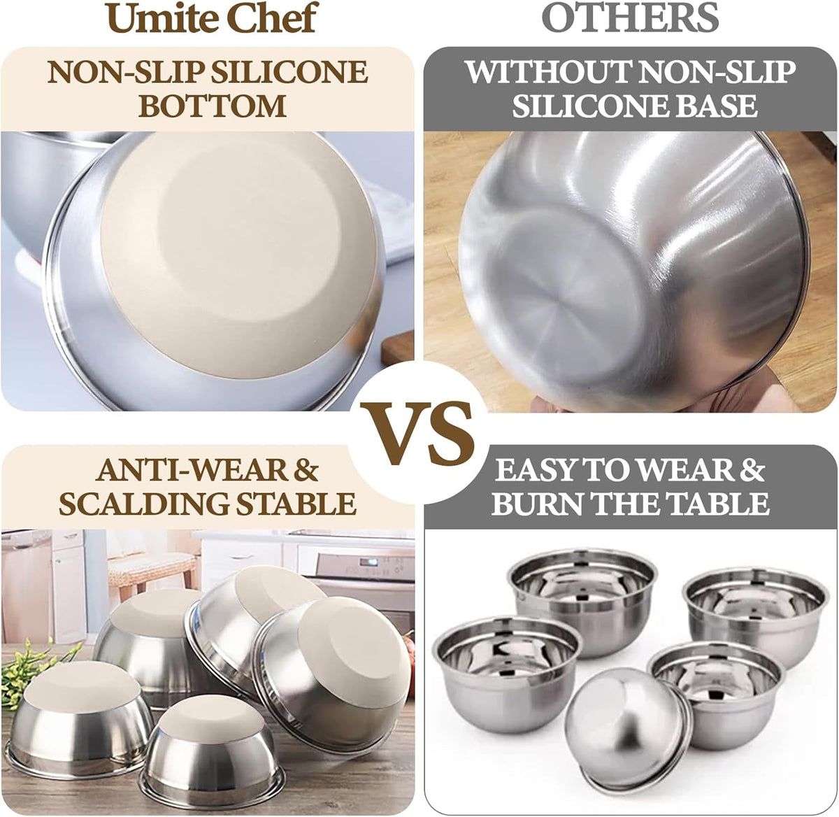 Umite Chef Mixing Bowls with Airtight Lids Set, 8PCS Stainless Steel Nesting ...