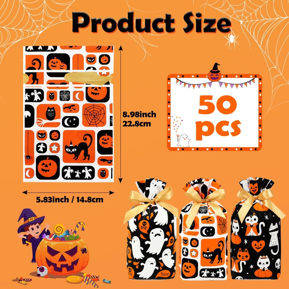 Shintop Halloween Treat Bags, 50PCS Small Candy Bags Drawstring Reusable Plastic Goodie Gift Pouches Party Favors Supplies for Trick or Treat Sweets Cookies (Ghosts, Black Cats, Pumpkins)