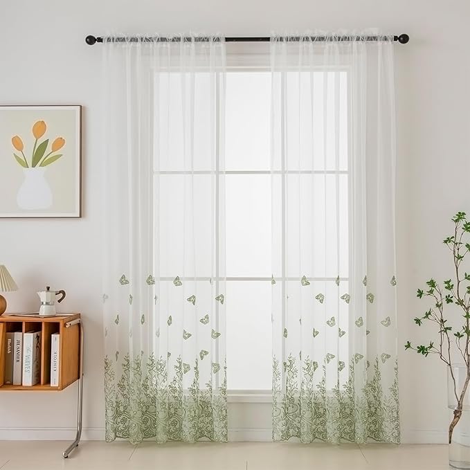 VISIONTEX White Sheer Voile Curtains, Decorative Green Embossed Butterflies Rod Pocket Window Drapes for Home Kitchen, Living Room and Bedroom 54 x 72 Inch, Set of 2 Curtain Panels