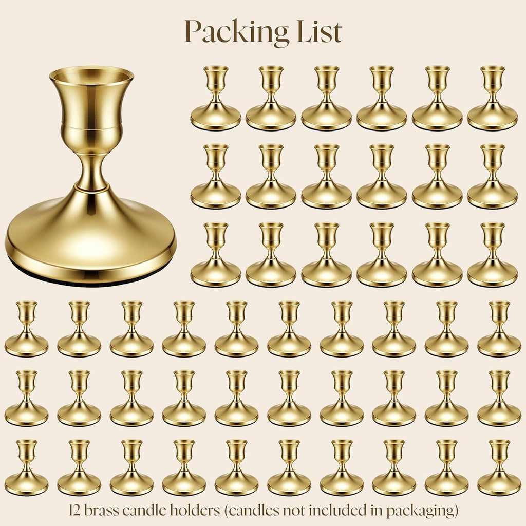 48 Pack Brass Gold Taper Candle Holders Set - Vintage Metal Candlestick Holders Set Candle Holder for Table Centerpiece, Wedding Reception, Festive Christmas Mantel Decoration or Home Decor Gold