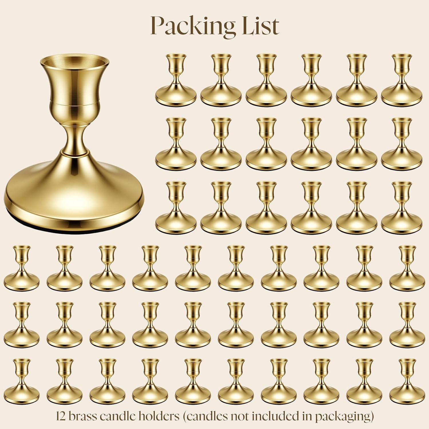 48 Pack Brass Gold Taper Candle Holders Set - Vintage Metal Candlestick Holders Set Candle Holder for Table Centerpiece, Wedding Reception, Festive Christmas Mantel Decoration or Home Decor Gold