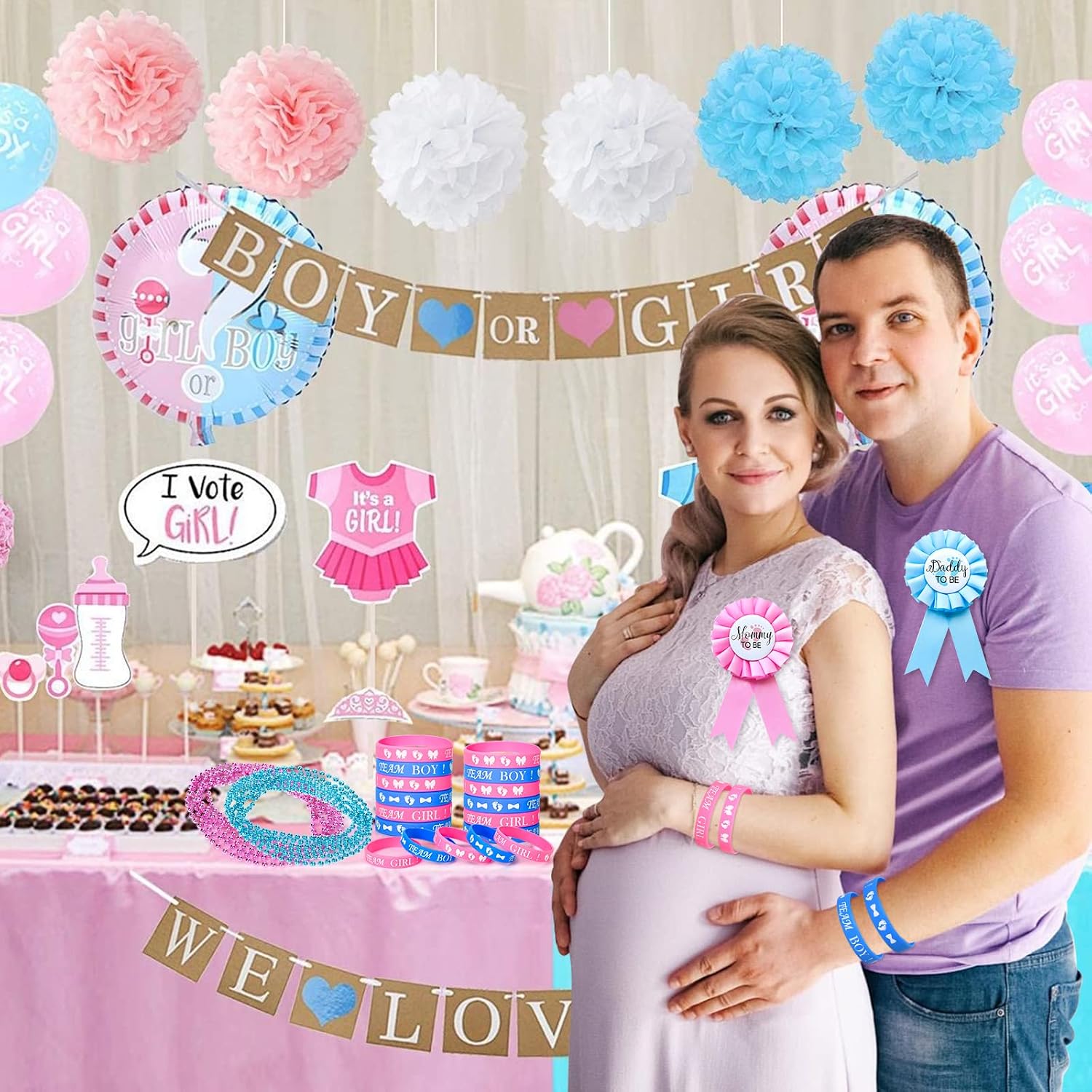 Winrayk Baby Gender Reveal Party Favors Supplies Ideas, Team Boy or Girl Pins Daddy and Mommy Badge Pin Silicone Bracelet Photo Prop Necklace, 104 Baby Shower Favors Pink Blue Gender Reveal Decor Game