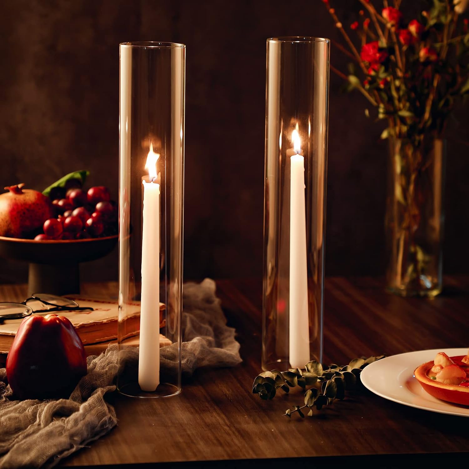 Treela 6 Pcs 2.5" W x 14" H Hurricane Candle Holder Sleeve Bottomless Glass Cylinder Candleholder Sleeve Tall Candle Glass Cover Clear Open Ended Shade Chimney Tube Cover for Pillar Taper Lamp