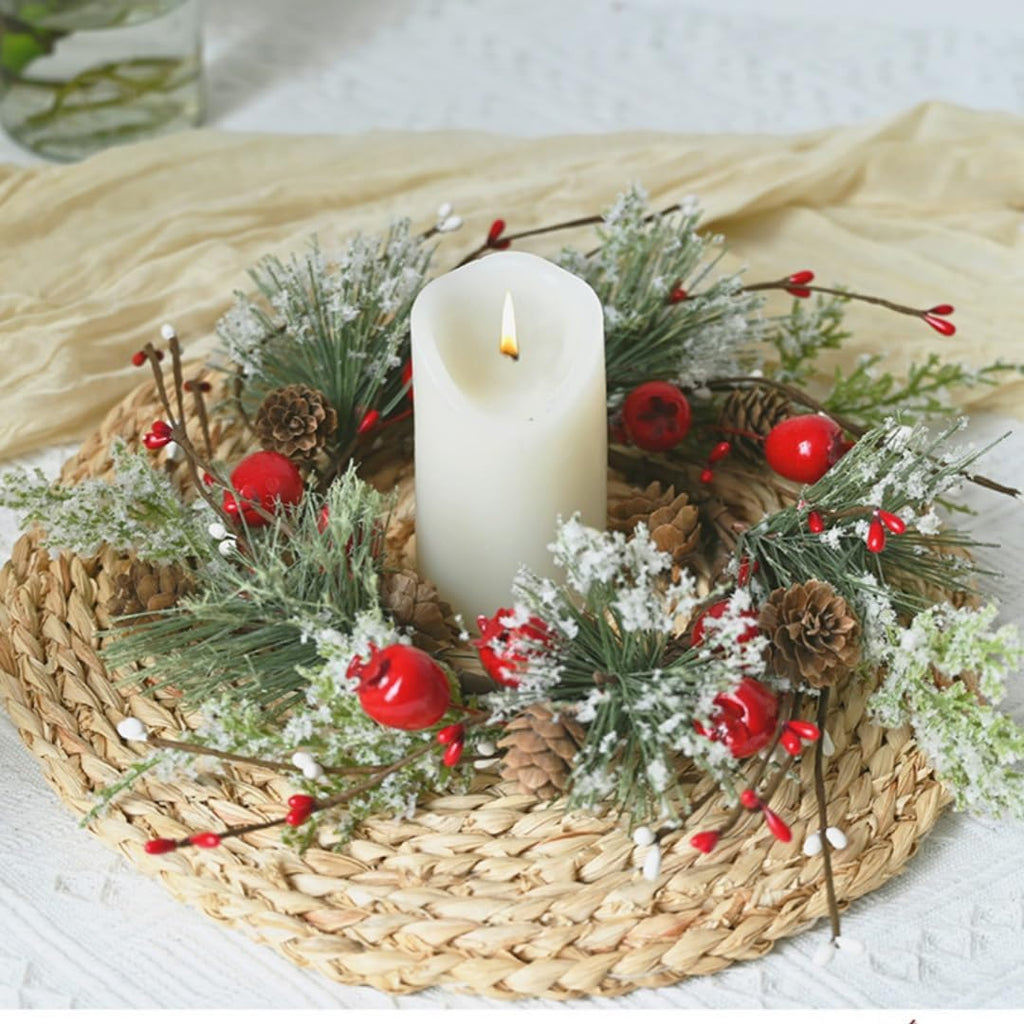 2 Pcs Christmas Candle Rings Wreaths Berries & Pinecone Candle Rings Artificial Norfolk Pine Candle Holder 12" for Winter Home Kitchen Table Centerpiece (Red)