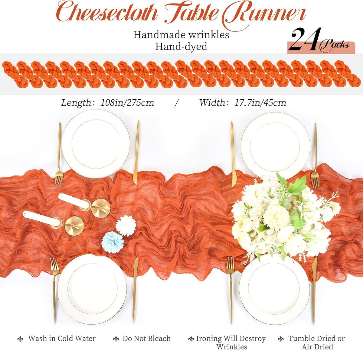 24 Packs Orange Table Runner, Charming Cheesecloth Table Runner 17 x 108inch,...