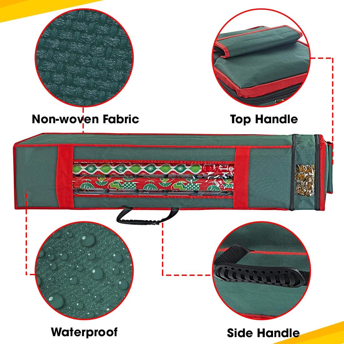 ProPik Christmas Wrapping Paper Storage Organizer Bag with Pocket and Handles Including Hanging Loop Heavy Duty Material with Clear Window 47 x 10 x 10 Inch Fits 40" Long Rolls (Green, 1 Count)