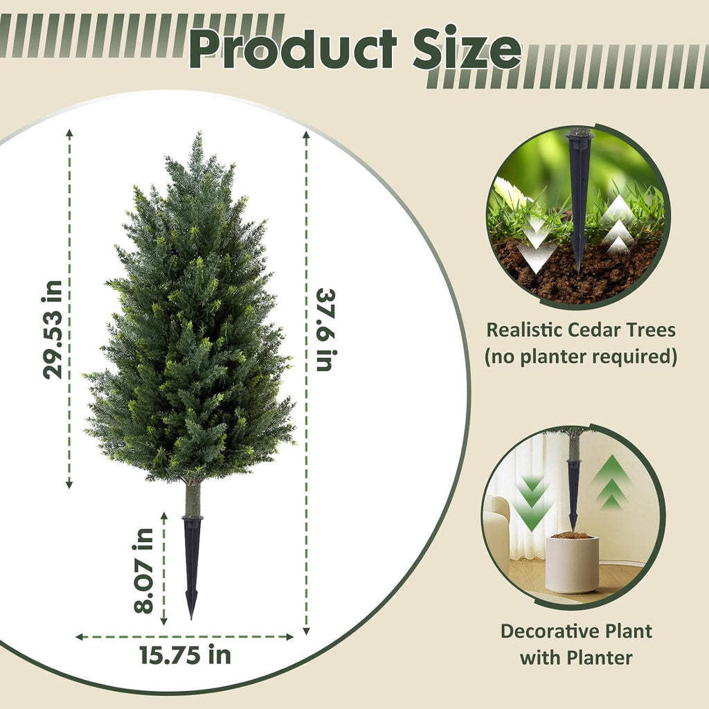 set of 2 artificial cedar topiary christmas trees, package contents