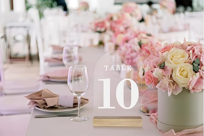 Clear Acrylic Sign with Wooden Stand Table Numbers DIY, 10 Pack Acrylic Sheets Table Signs for Wedding, 5x7 Inch Arch Signs Blank for Restaurant Party Bridal Shower (No printing included)