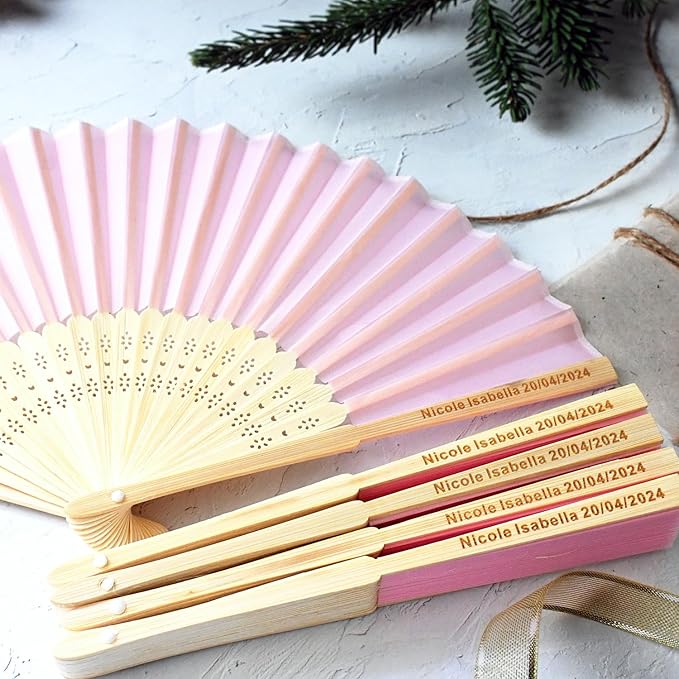 70 Pcs Personalized Pink Wedding Folding Fans for Guests, Custom Engraved Summer Wedding Fans, Folded Hand Fans for Wedding Favors, Vintage Silk Handheld Fans for Bridal Shower Decorations