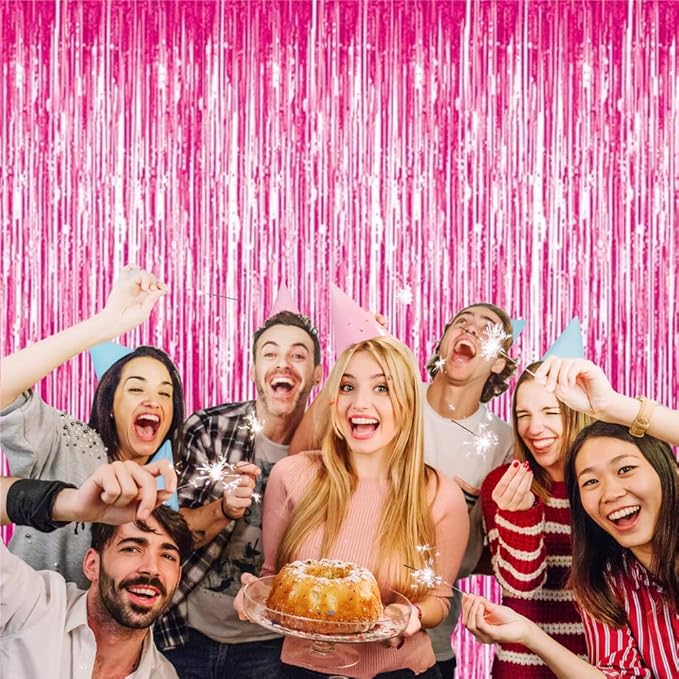 GOER 6.4 ft x 8.2 ft Metallic Tinsel Foil Fringe Curtains,Pack of 2 Party Streamer Backdrop for Galentines Day,Birthday,Graduation Decorations and New Year Eve (Hot Pink)