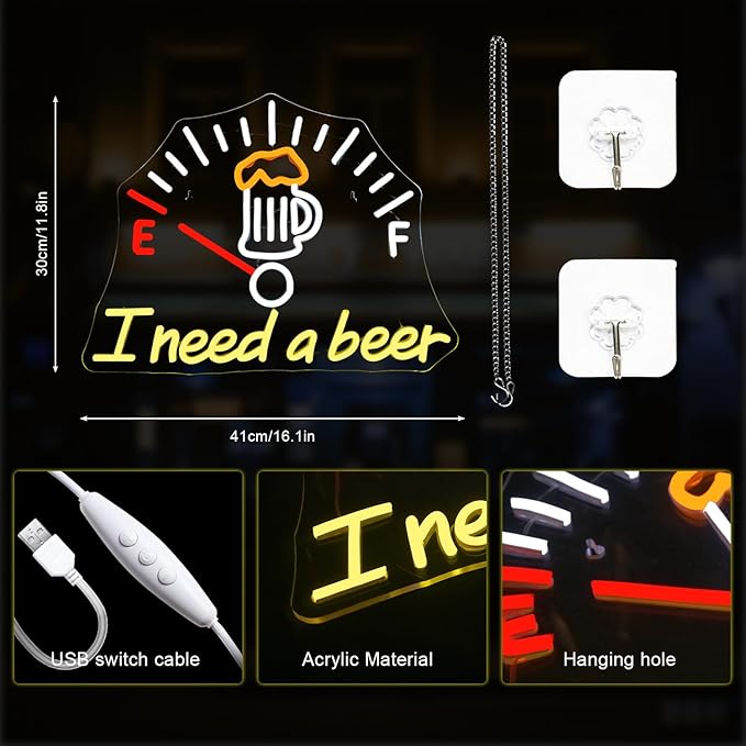 I Need a Beer Neon Sign,LED Neon Light Bar Wall Decor for Pub,Man Cave，Energy-Efficient,Shop Bar,Teen Room,Game Room Decor,Hip Hop Party Neon Signs Wall Decor,Party Bedroom Unique Gift for Beer Lovers