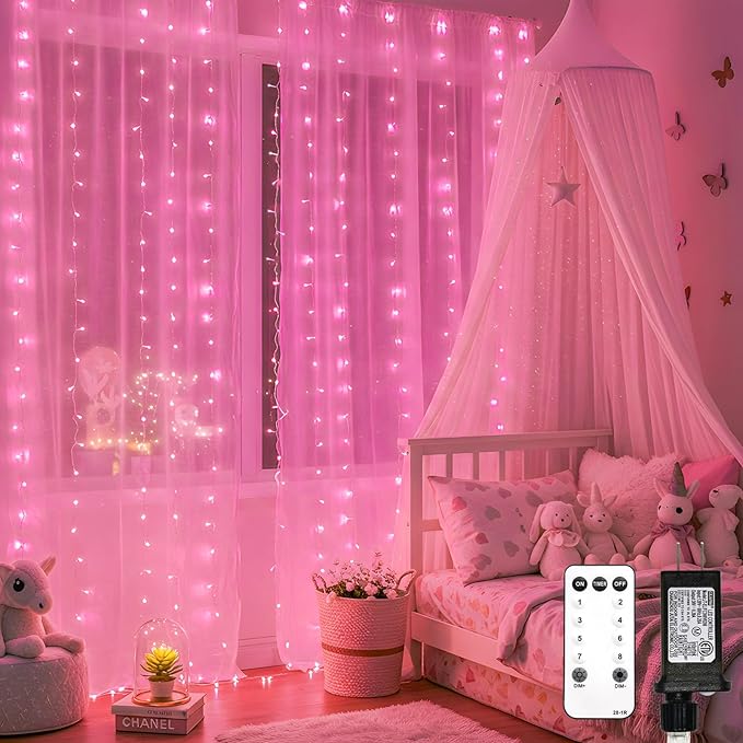 suddus Curtain Lights for Bedroom, 300 Led 9.8ft x 9.8ft Hanging String Lights Outdoor, Fairy Curtain Lights for Backdrop, Window, Wall, Wedding, Party, Garden, Porch, Birthday Decorations Pink