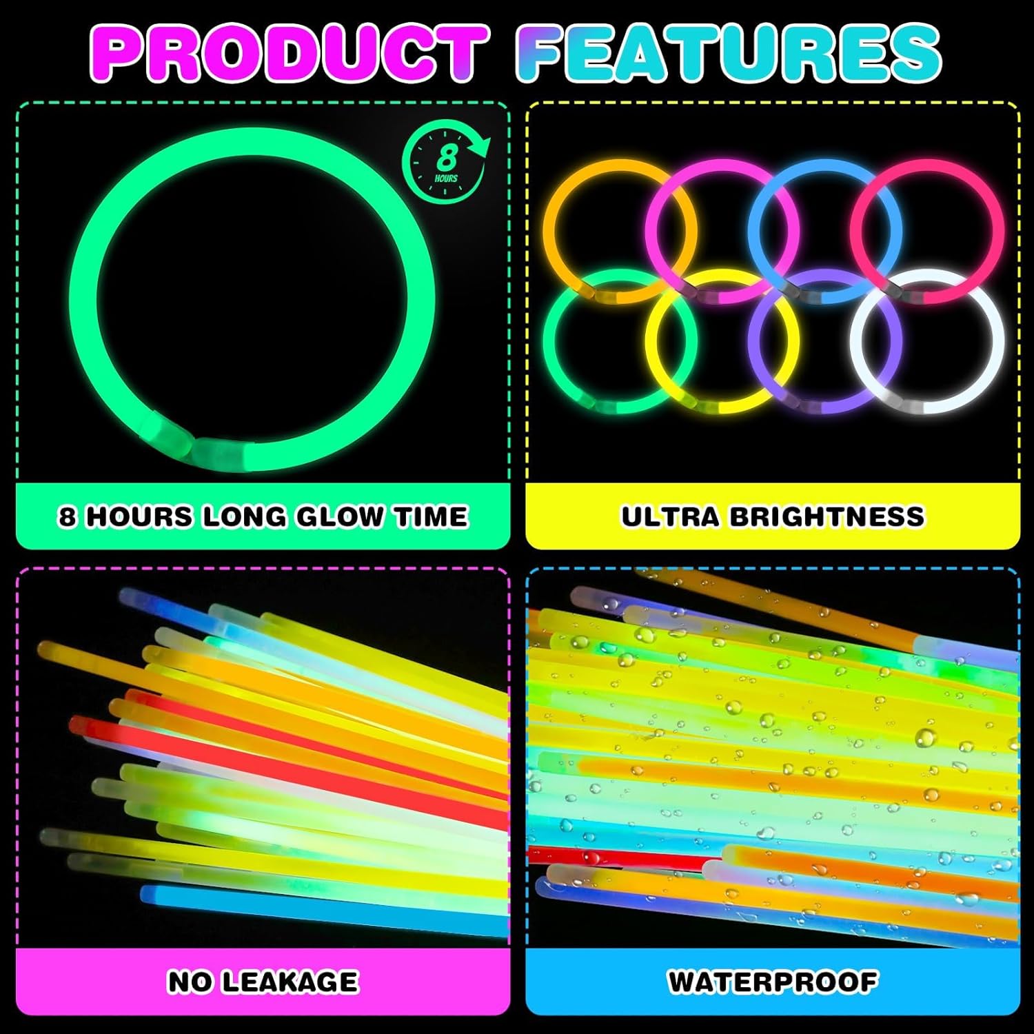 YixangDD 1000 Pcs Ultra Bright Glow Sticks, 8 Inch Glow Sticks Bulk Party Pack, Light Up Sticks for Glow Bracelets, Necklaces, Concerts, Christmas, Party Supplies with 1000 Connectors