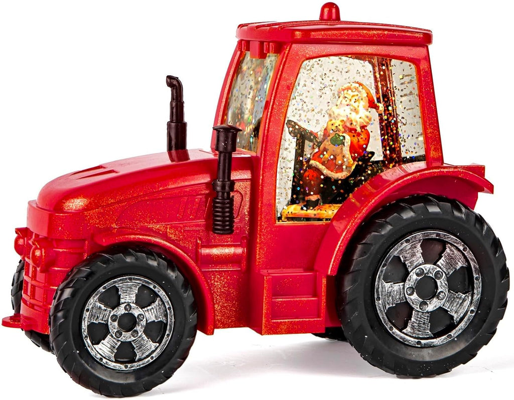 Christmas Snow Globe Lantern, Musical Lighted Red Tractor Snow Globe, 6H Timer, Battery & USB Powered Spinning and Swirling Glitter Christmas Santa Snow Globes Decorations Gifts for Old Man, Father