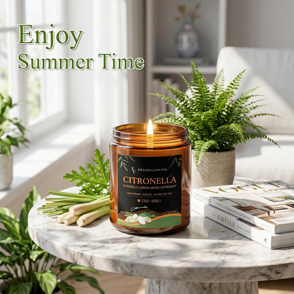 Citronella Candle, Indoor Outdoor Lemongrass Scented Candle，Natural Soy Wax Jar Candle, 50-Hour Burn Time, 7 oz