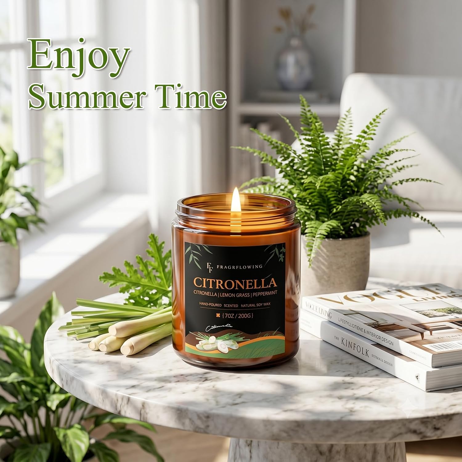 Citronella Candle, Indoor Outdoor Lemongrass Scented Candle，Natural Soy Wax Jar Candle, 50-Hour Burn Time, 7 oz