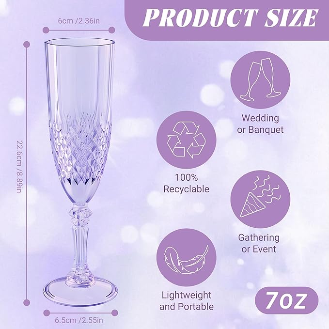 Plastic Champagne Flutes, 12PCS Purple Wine Glasses Goblets Cups Reusable Flute, for Weddings Bachelor Parties Toasting and Events(12,Purple)