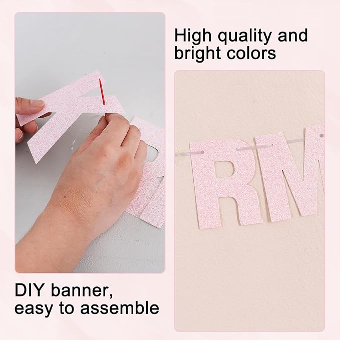 BEISHIDA 116 PCS Glitter Color Pink DIY Letter Banner Kit Make Your Own Banner，Including 111 Letters and Numbers 3 Rope and 4 Threading Device,Customized for Birthday Graduation Wedding Party Decor