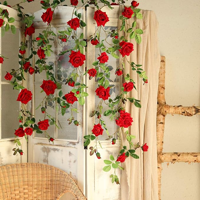 Veryhome Rose Vine Artificial Flower Garland Fake Hanging Rose Ivy Plants 6ft for Wedding Home Party Garden Arrangement Decor Pack of One (Red)