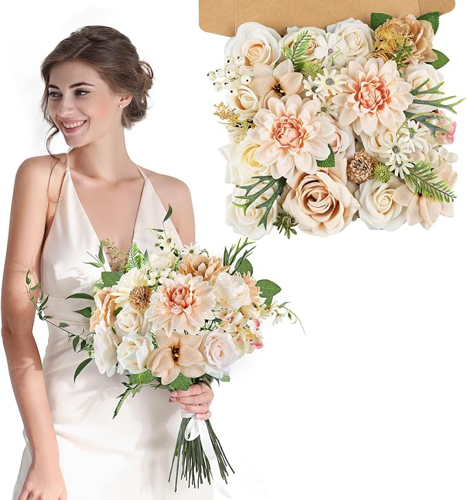 AmyHomie Nude Color Artificial Flowers Combo Silk Mix Peony Rose Fake Flowers w/Stem for DIY Wedding Bouquets Centerpieces Arrangements Table Fall Decor Party Bridal Baby Shower Home Decorations