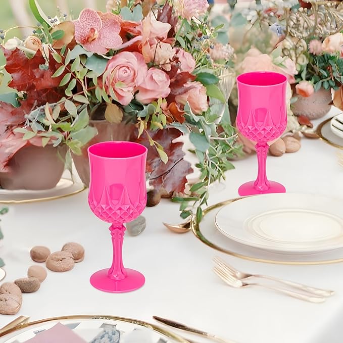Plastic Vintage Wine Glasses 7OZ Plastic Goblets Vintage Drinking Glasses 24PCS Retro Wedding Glassware Water Goblets Reusable Drinking Cups for Party,Reception,Celebration,Bar,Whiskey(Rose Pink)